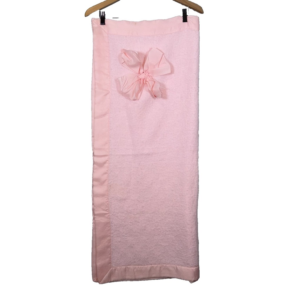Vtg!‎ Satin Trim Baby Blanket Pink Waffle with Bow 40" x 67" Crib Toddler *Read*